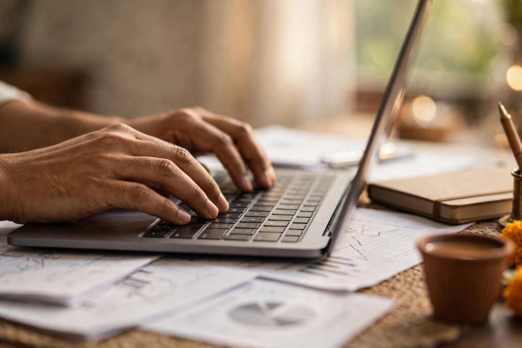 Advance tax ka challan bharte samay laptop par kaam karta taxpayer