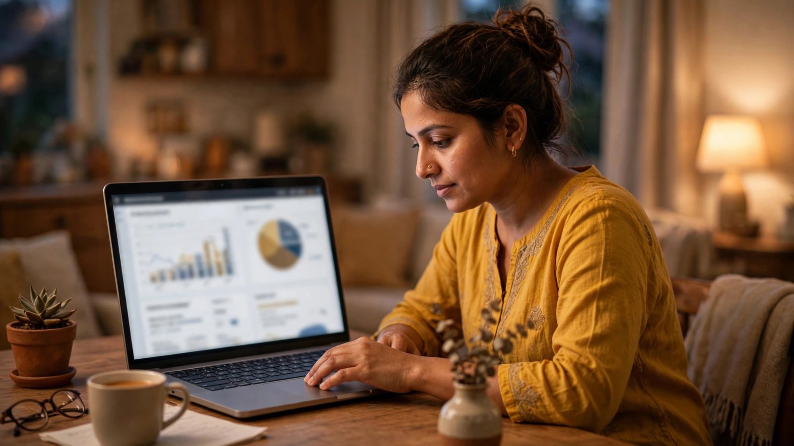 Credit card ka monthly billing statement laptop par check karti mahila