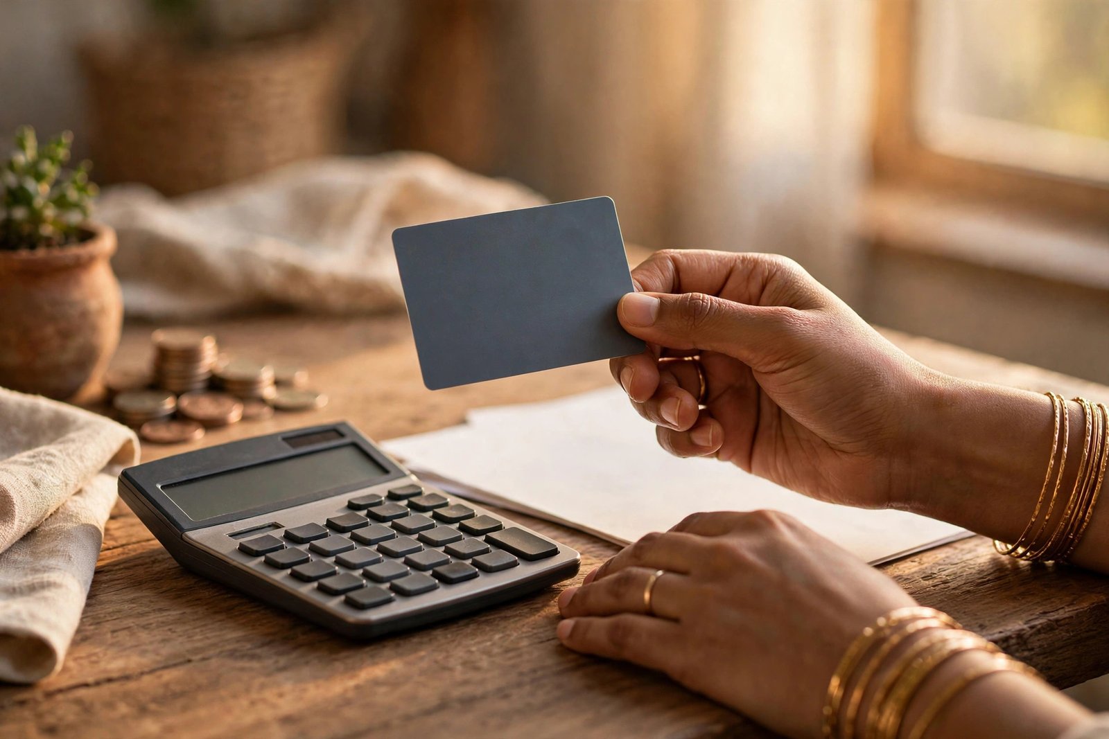 Credit card kharch ki planning — calculator ke saath card pakde haath