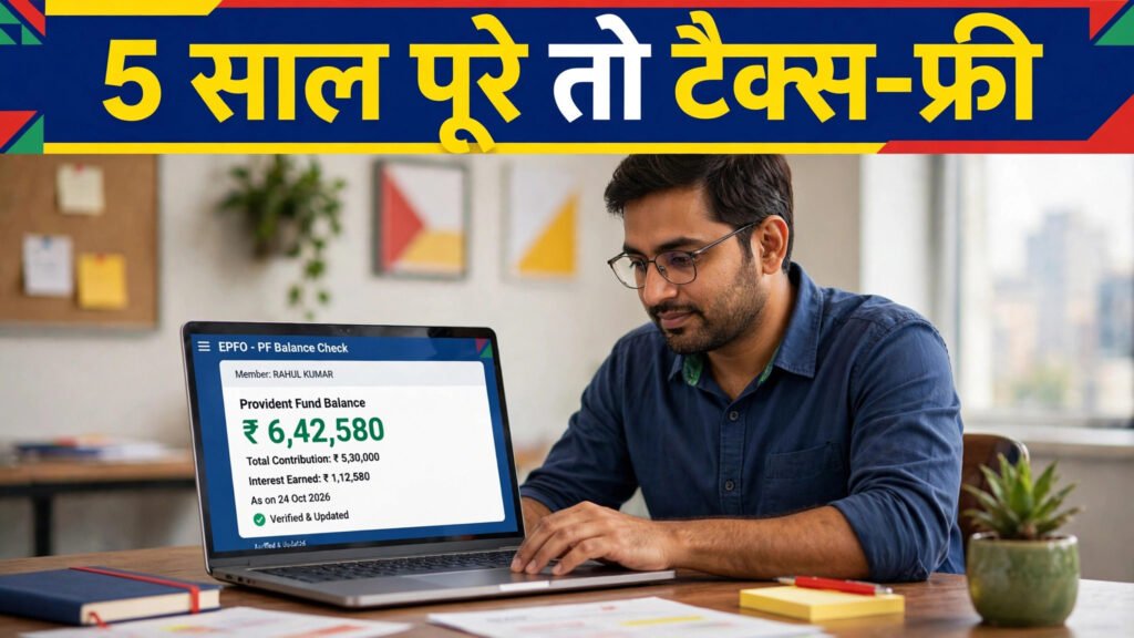 5 saal poore to EPF nikasi tax-free — PF balance check karta vyakti
