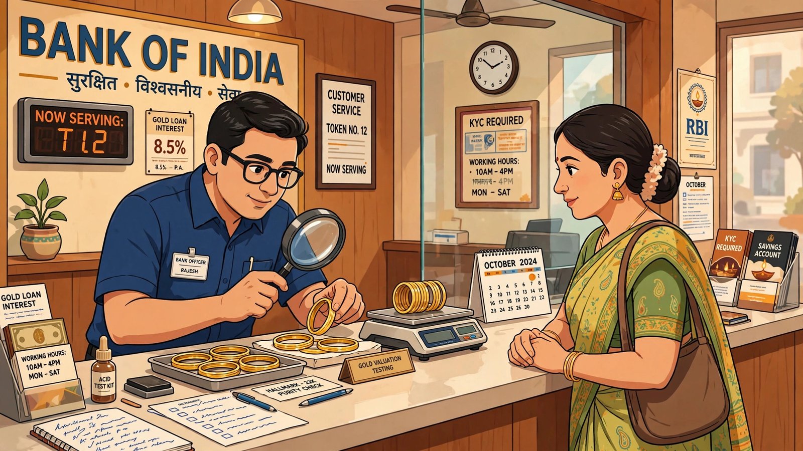Bank me sone ke gehne ka mulyankan karte adhikari ka illustration