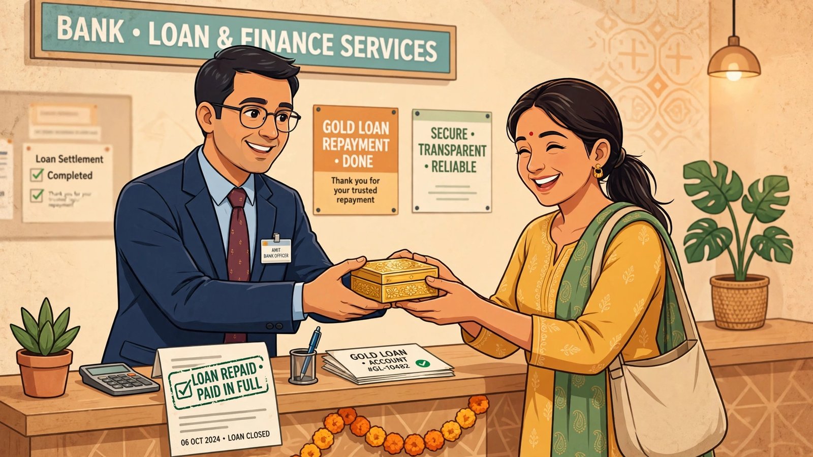 Gold loan chukane ke baad sona waapas paate grahak ka illustration