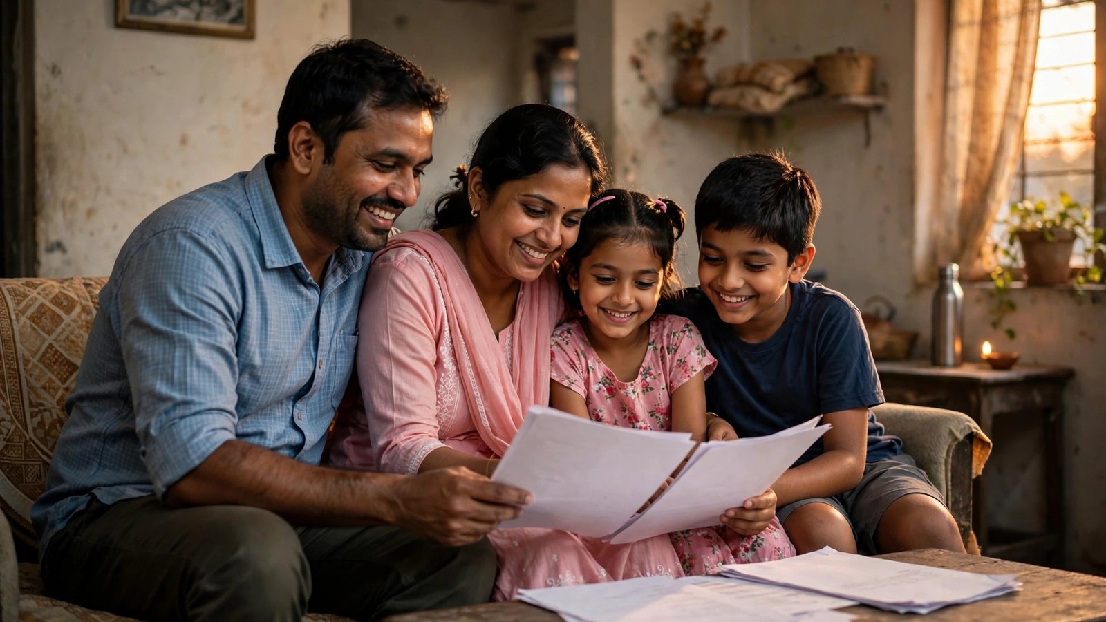 Insurance par GST khatm — policy documents dekhte hue khush Bharatiya parivaar