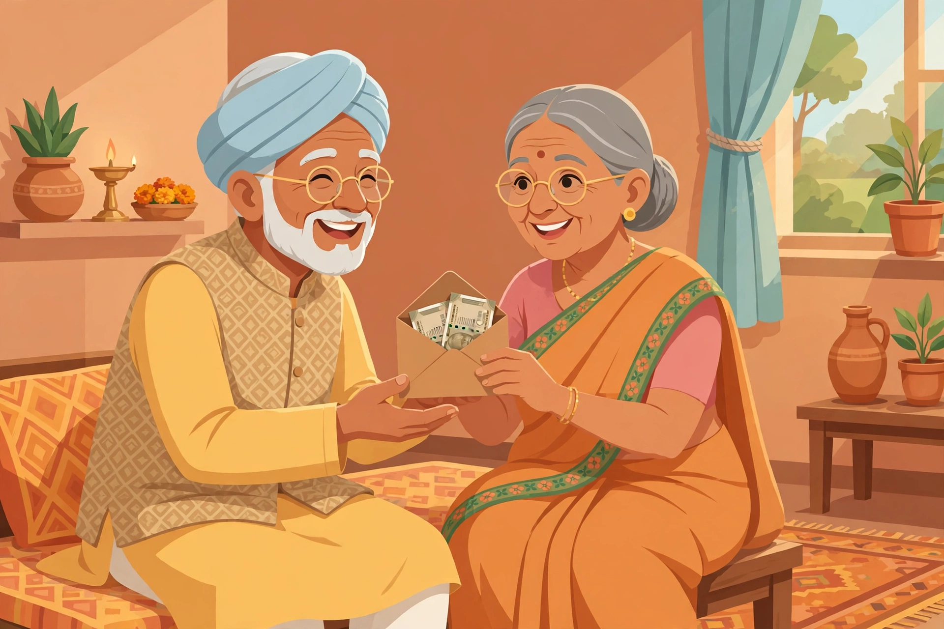Ghar par monthly pension paate hue bujurg vyakti ka illustration