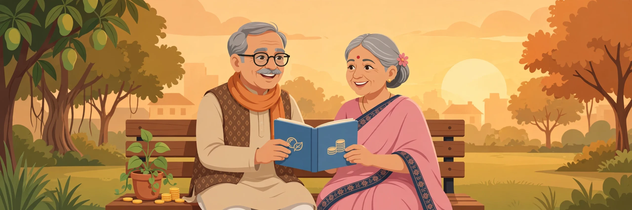 Atal Pension Yojana — budhape me pension paate hue bujurg dampati ka illustration