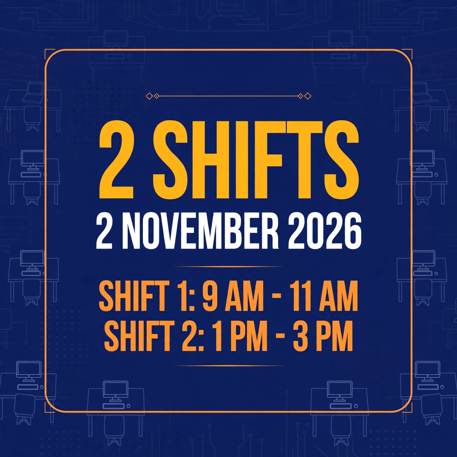BSF HC RO RM exam shift timings — Shift 1: 9 AM to 11 AM, Shift 2: 1 PM to 3 PM, 2 November 2026