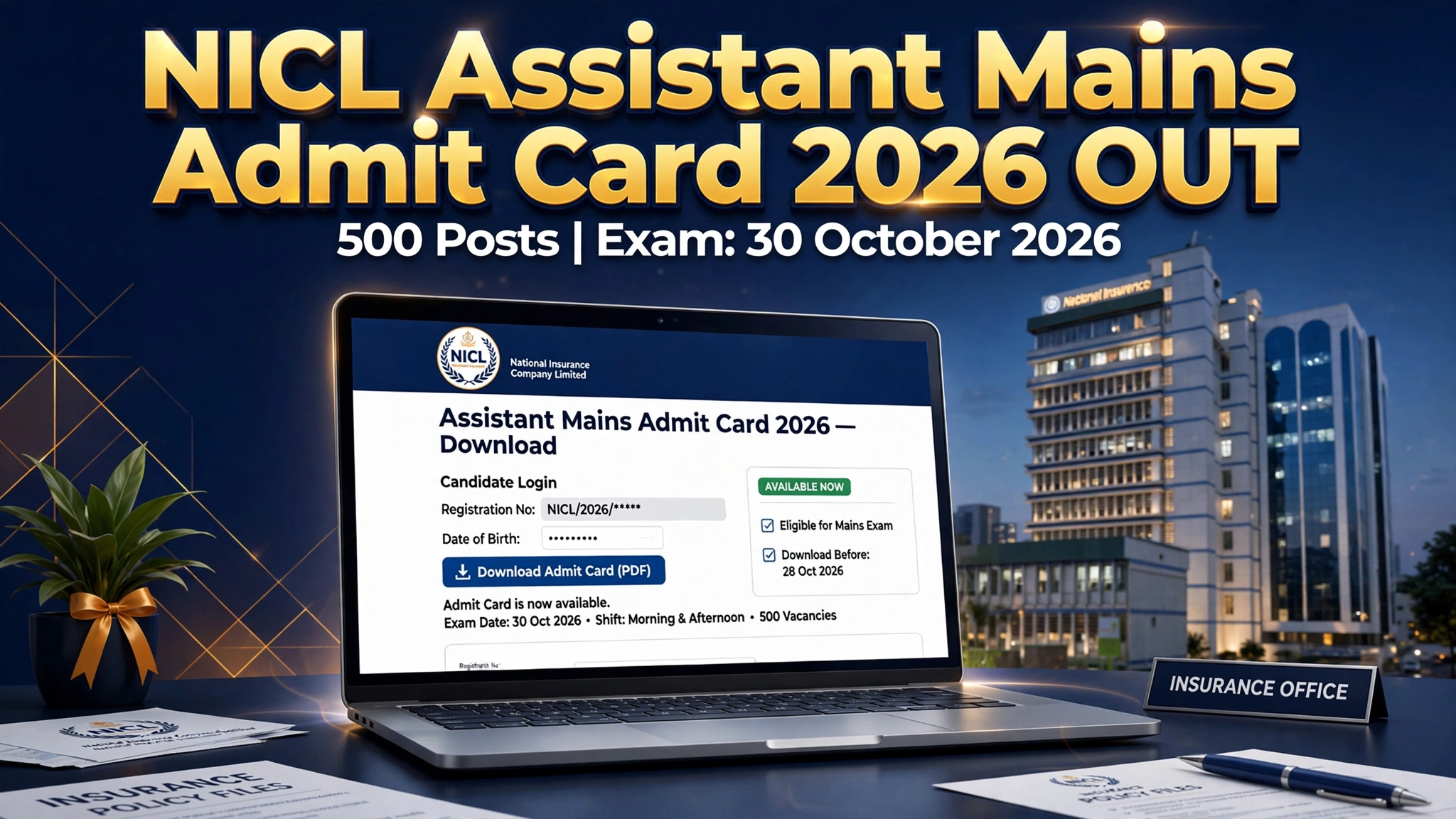 NICL Assistant Mains Admit Card 2026 OUT - 500 Posts, Exam 30 October 2026