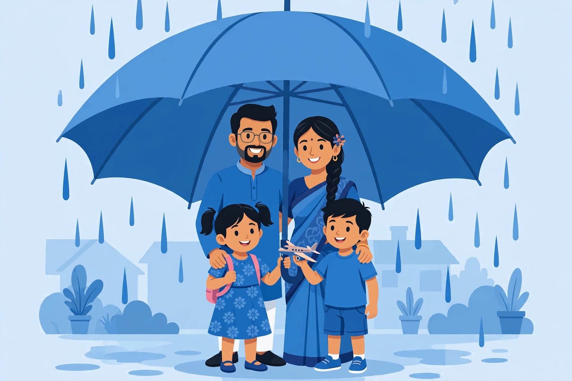 Bima suraksha chhat ke neeche khush parivar ka illustration