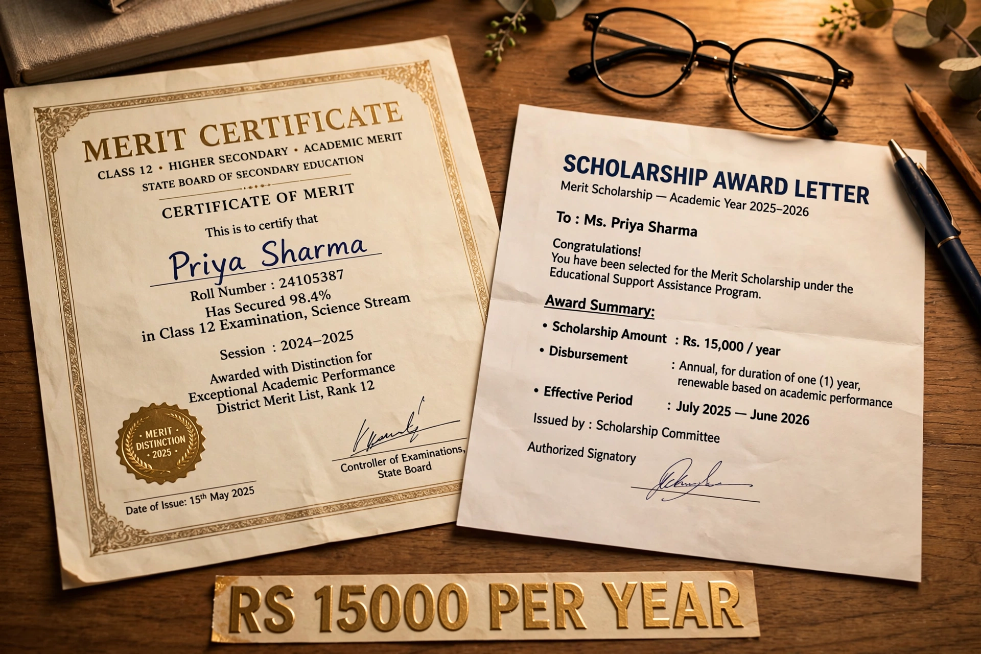 Merit certificate aur scholarship award letter
