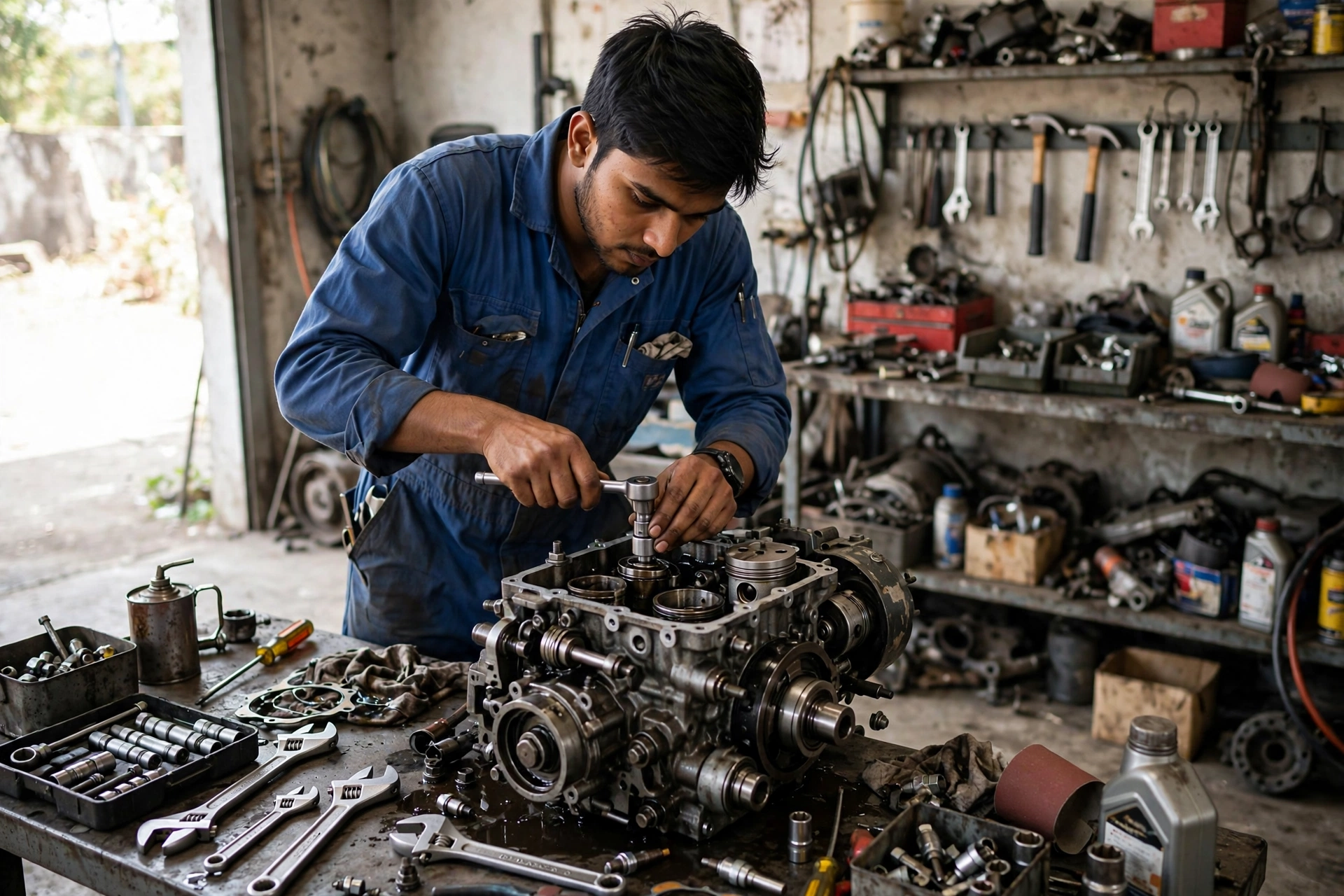 Garage mein motor engine repair karta young mechanic