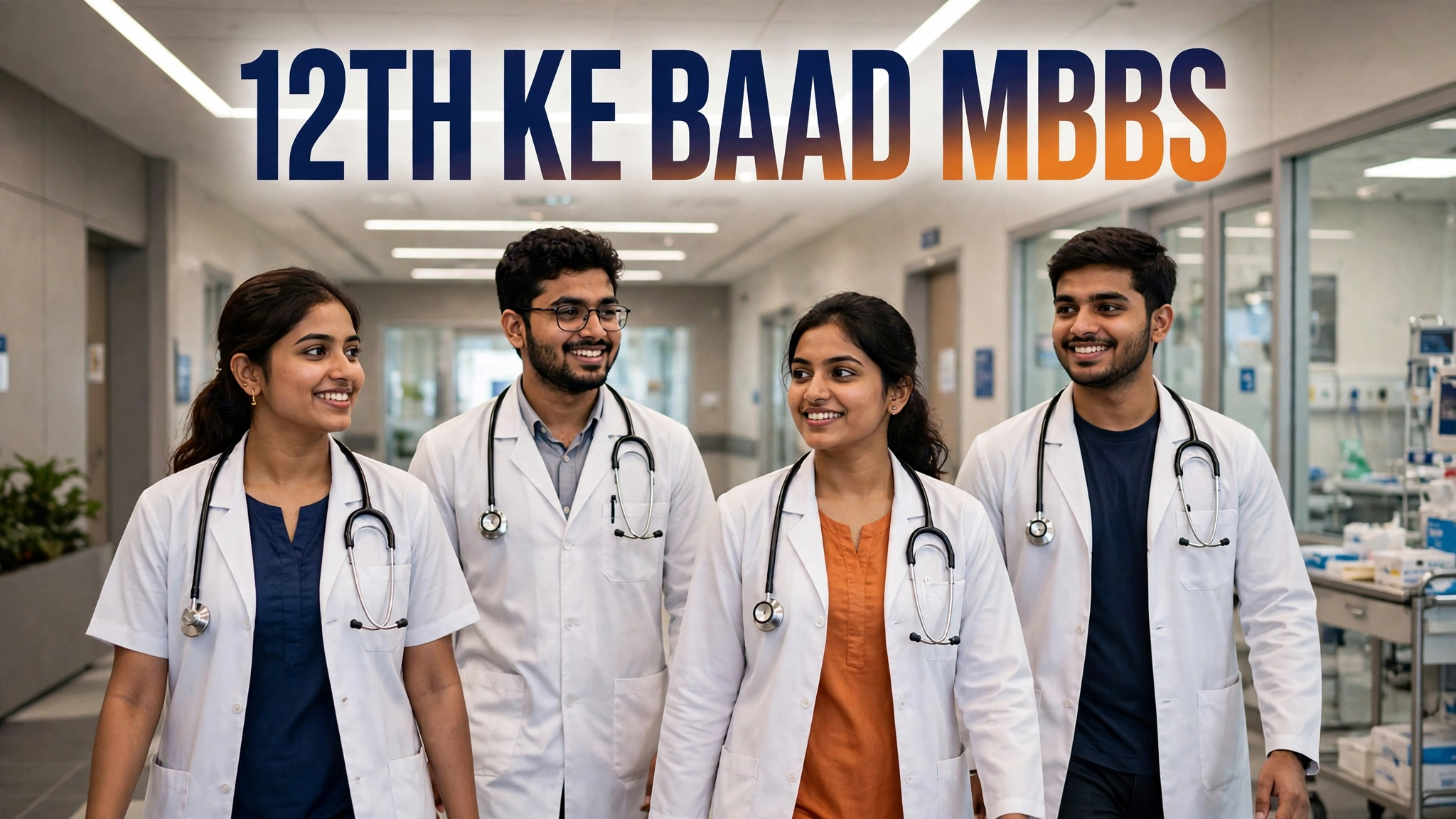 Hospital corridor mein white coat pehne medical students