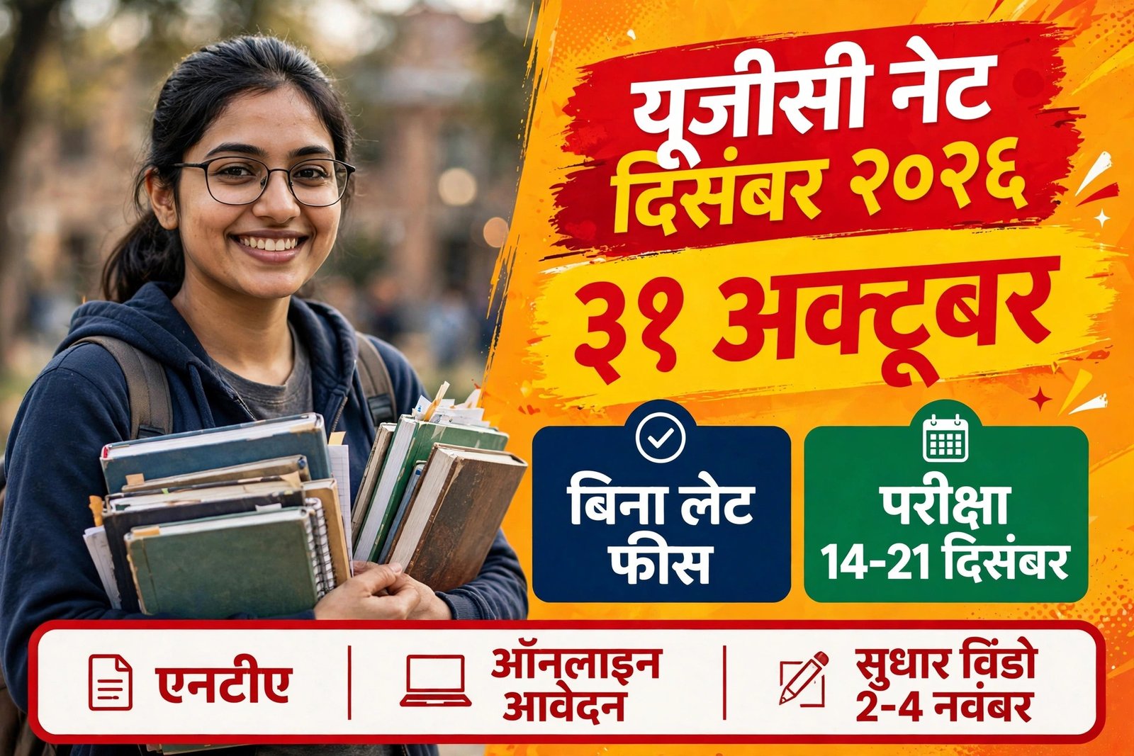 UGC NET December 2026 last date extended 31 October bina late fee ke