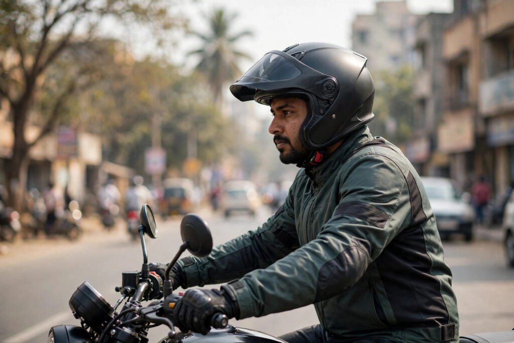 Motor insurance suraksha — helmet pehne bike chalata rider