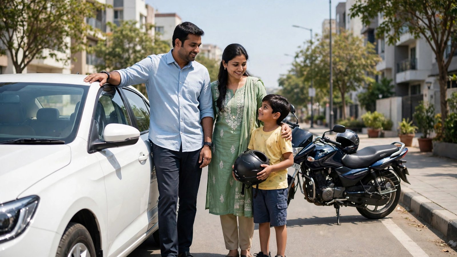 Motor insurance 2026 — car aur bike ke saath khada Bharatiya parivaar