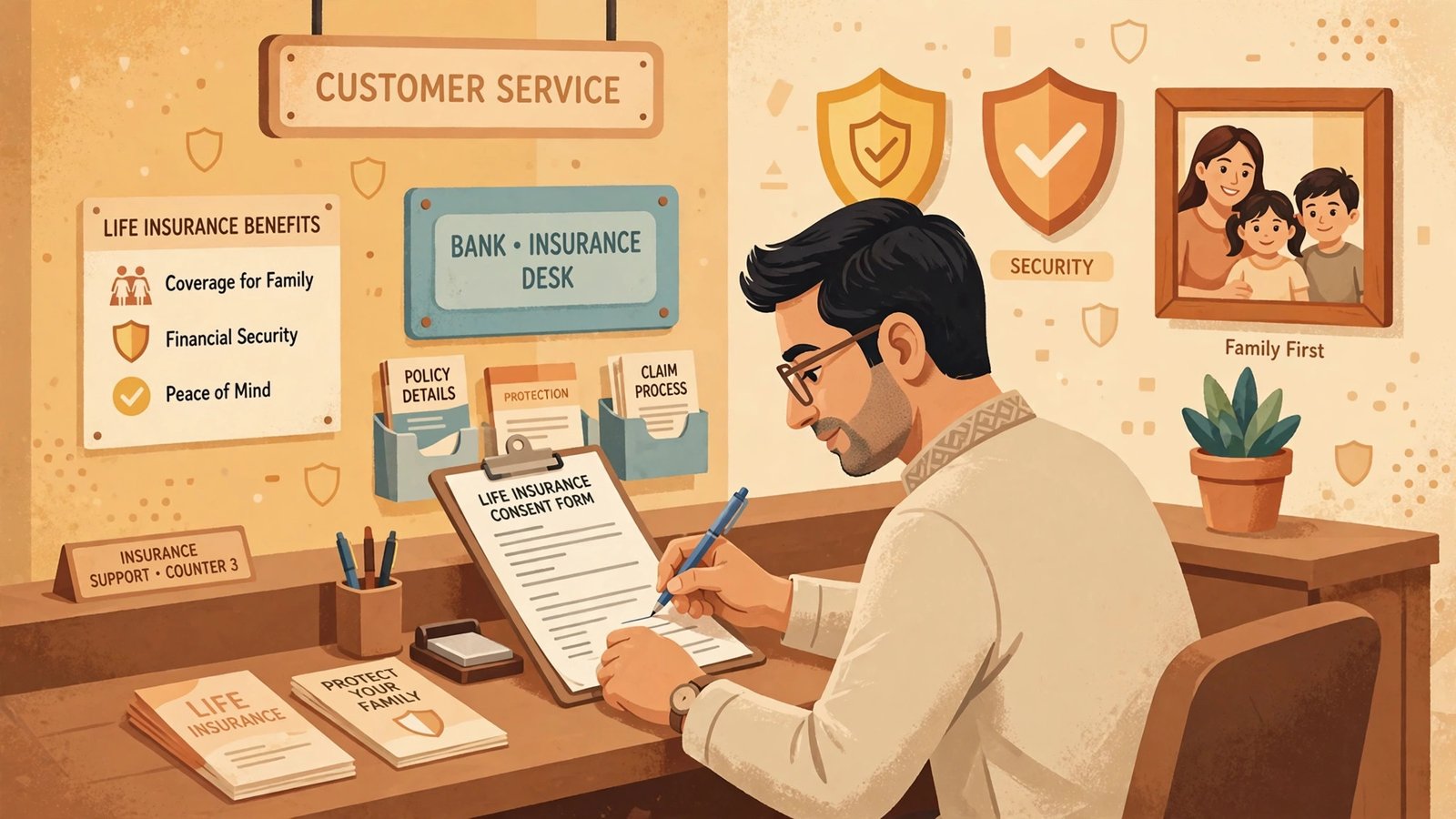 Bank me PMJJBY form bharte hue vyakti ka illustration