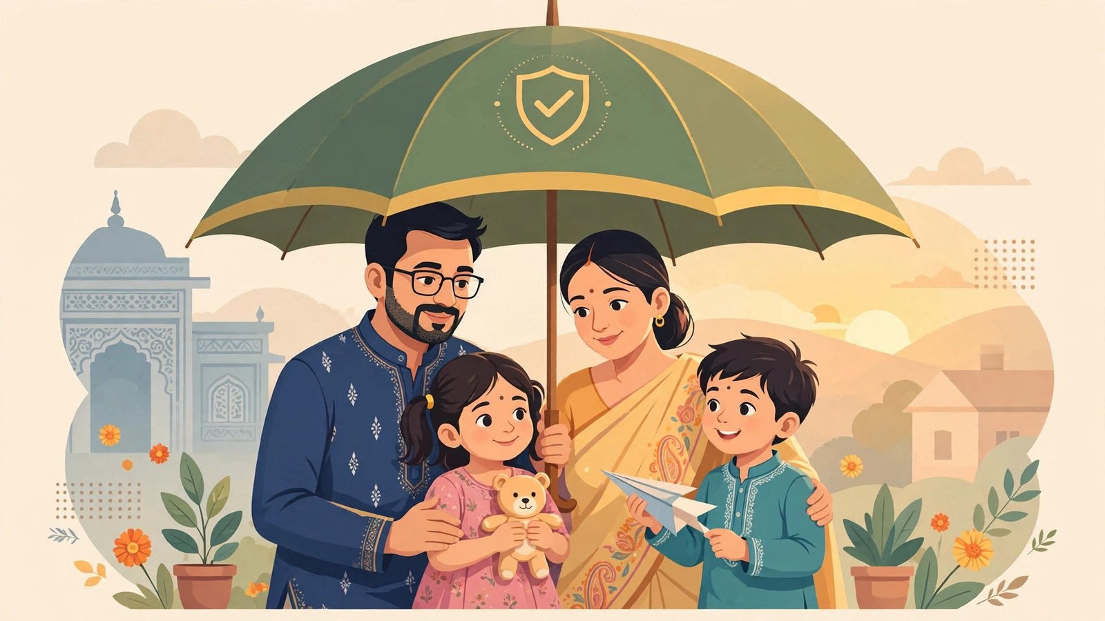 PM Jeevan Jyoti Bima Yojana — parivar ki suraksha ka illustration