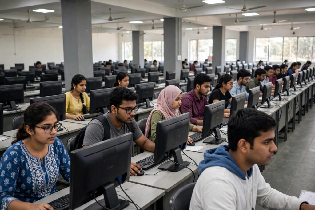 SSC CGL Tier 1 Admit Card 2026 – computer-based exam hall illustration