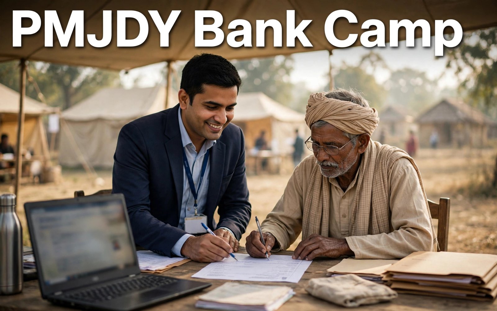 Bank officer helping villagers open PMJDY accounts at financial inclusion camp 2026
