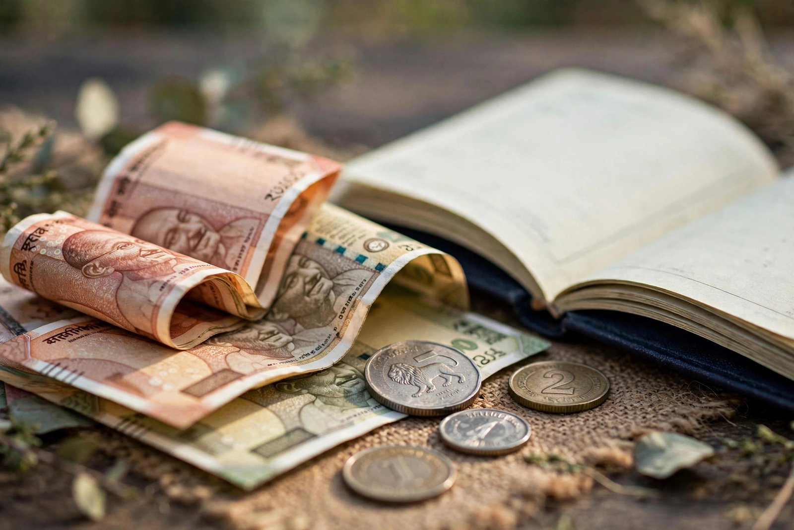 DICGC cover — rupaye ke note, sikke aur bank passbook, savings protection concept