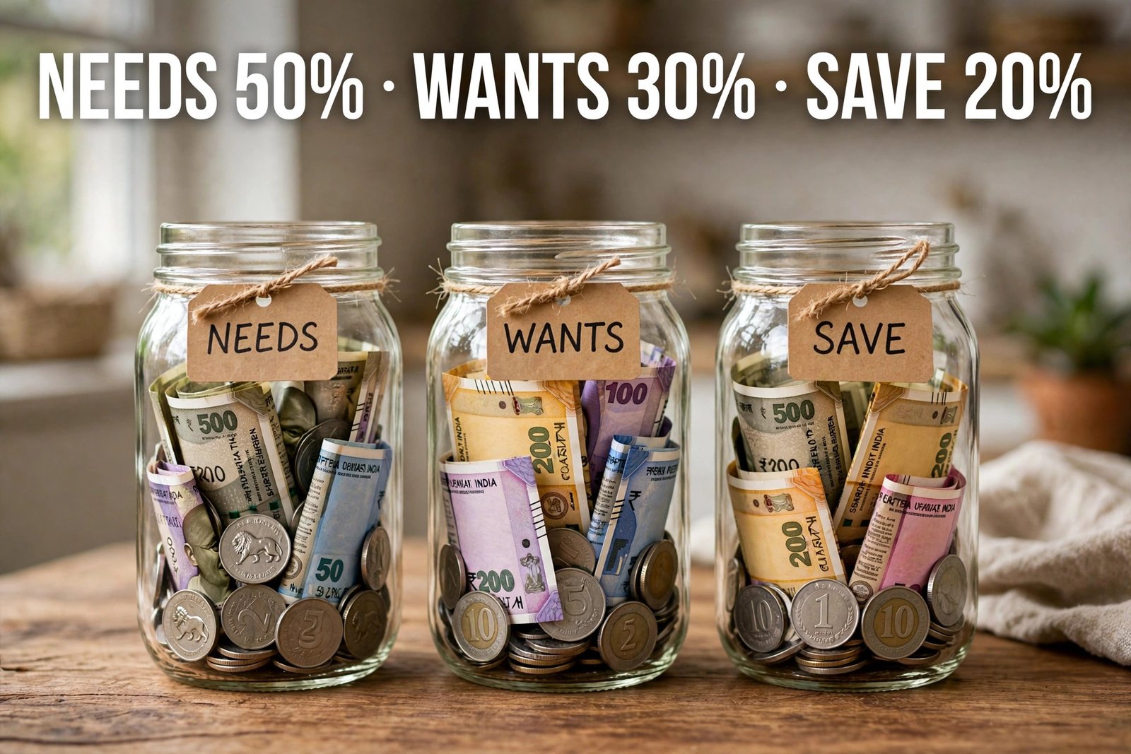 50-30-20 budget rule — needs 50 percent wants 30 percent save 20 percent wale teen jars