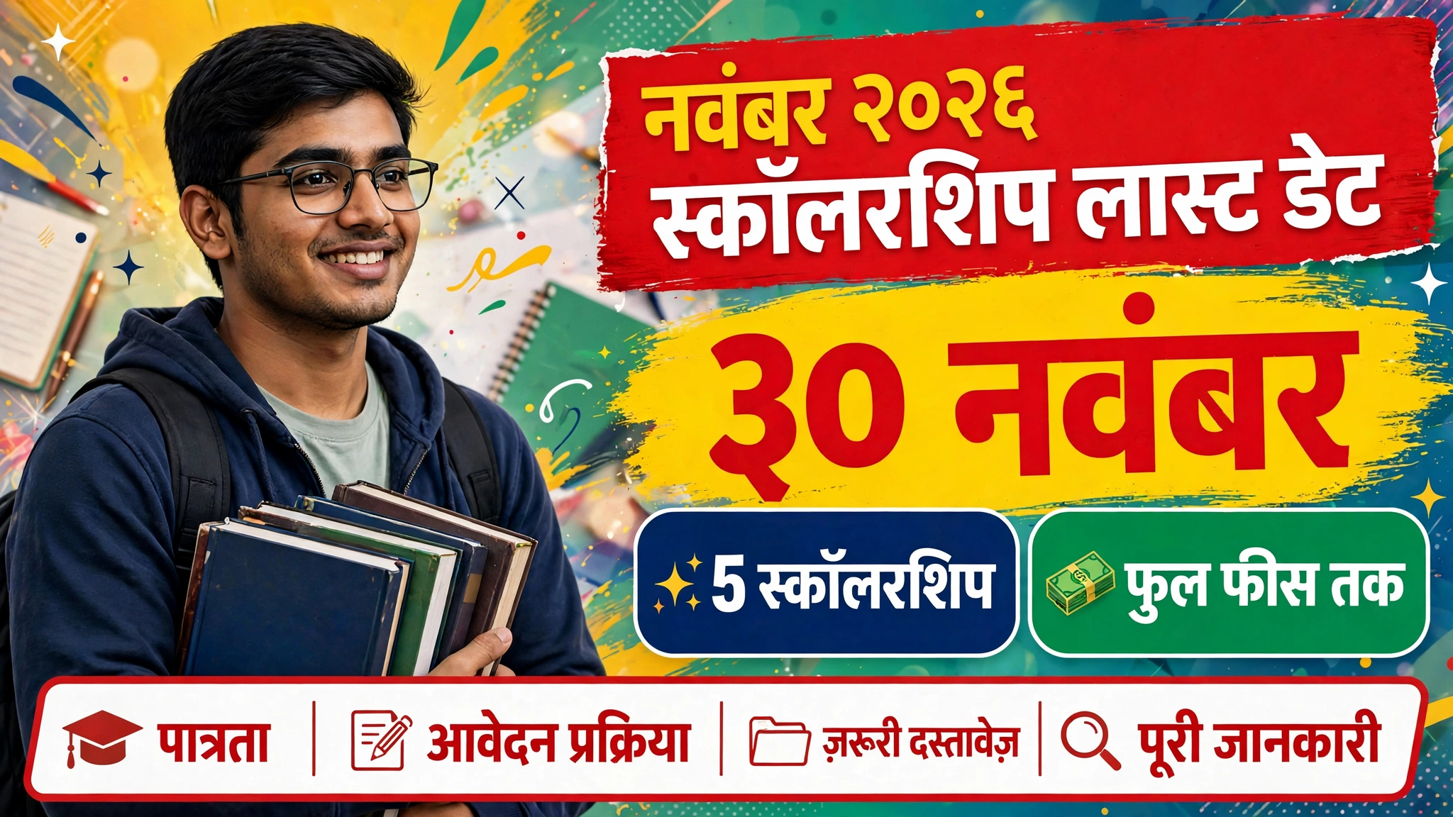 November 2026 scholarship last date — student with books, top 5 scholarships list