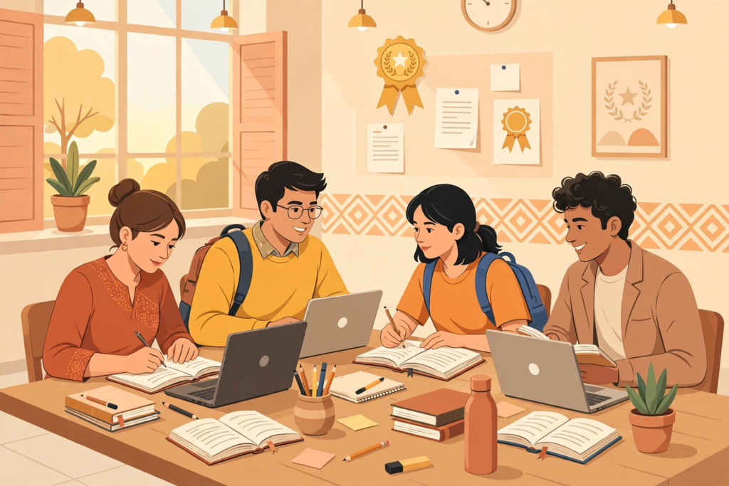 MYSY scholarship online apply: Gujarat college students studying with scholarship support illustration