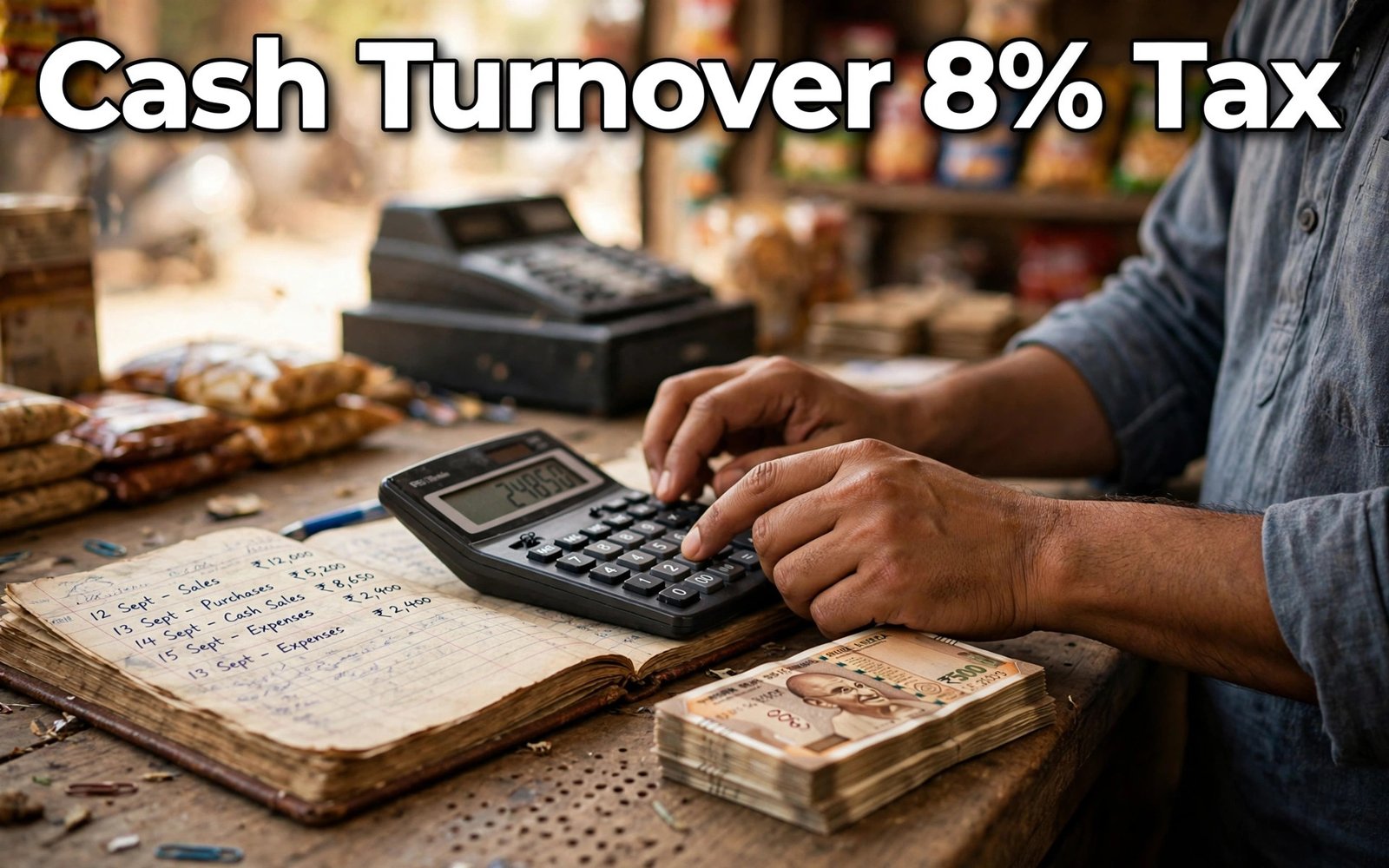 Small shopkeeper calculating 8 percent presumptive tax on cash turnover under section 44AD