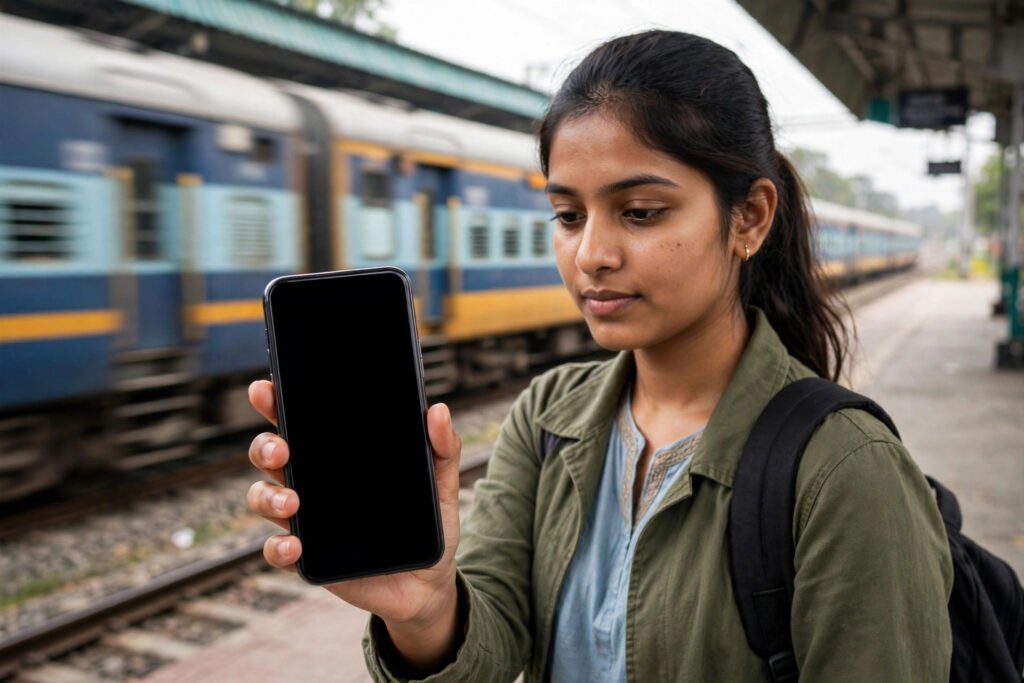 RRB JE 2026 City Intimation: student checking smartphone for city intimation slip as train passes on platform