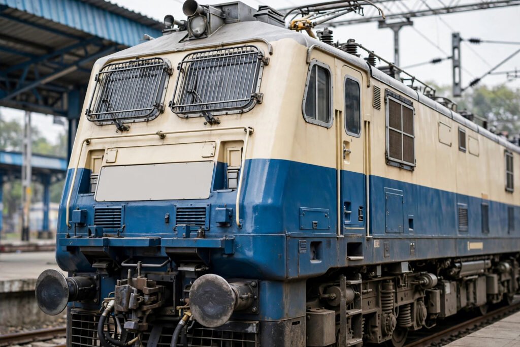 RRB JE 2026: Indian Railways blue-and-cream electric locomotive at railway station