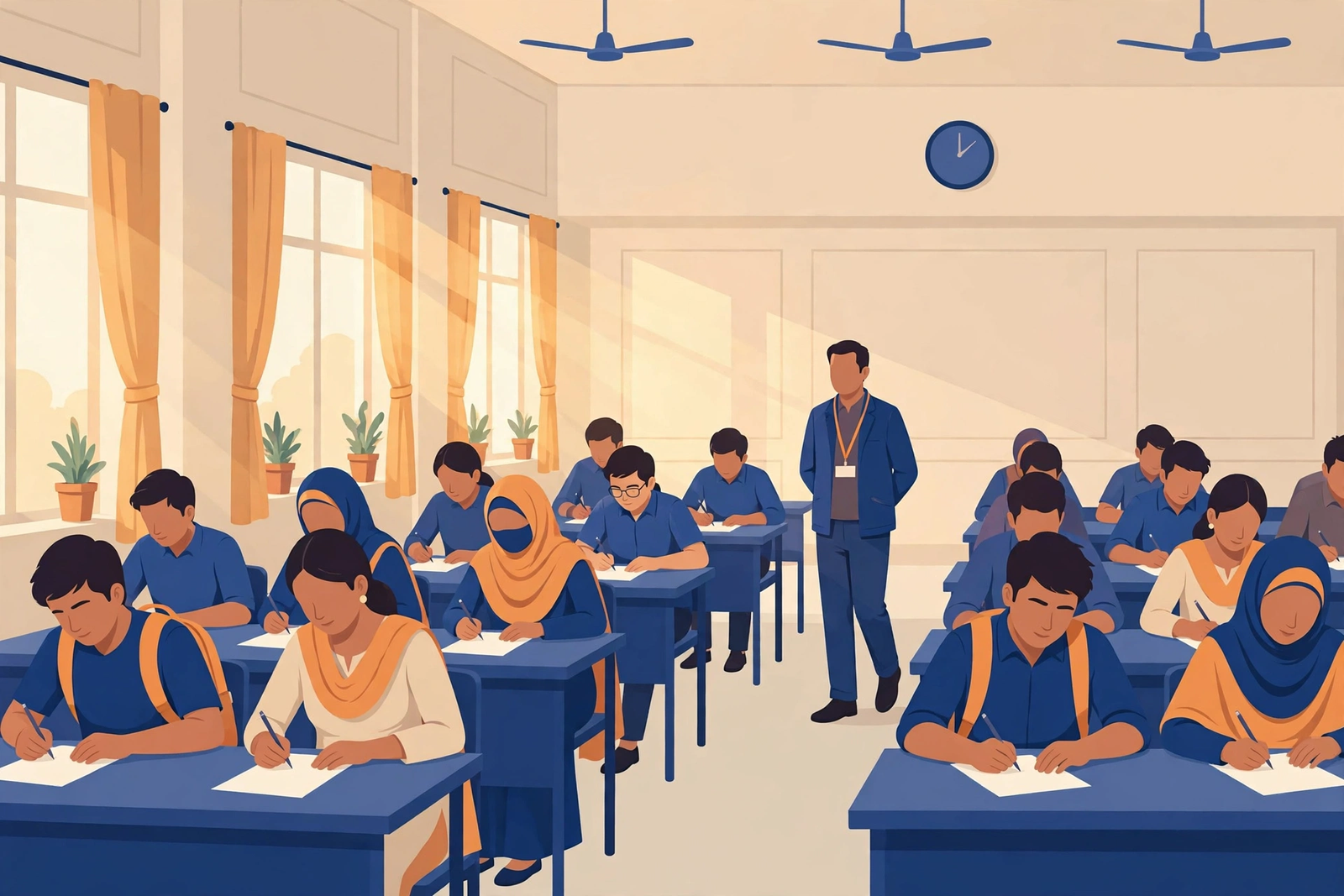 CLAT 2027 Exam Date — exam hall me paper likhte students ka illustration