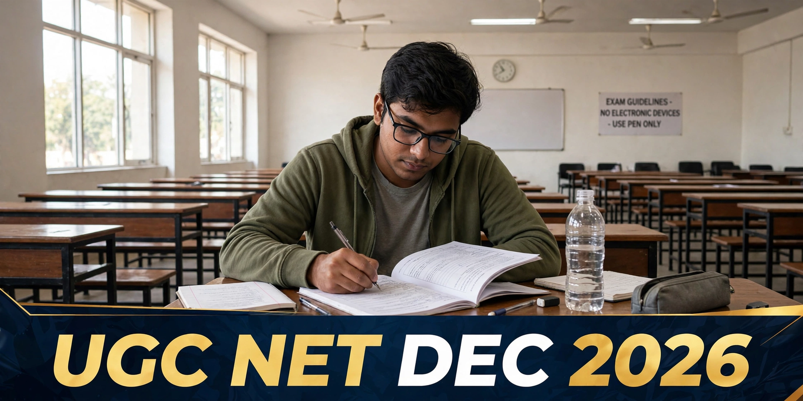Exam hall mein likhta hua student