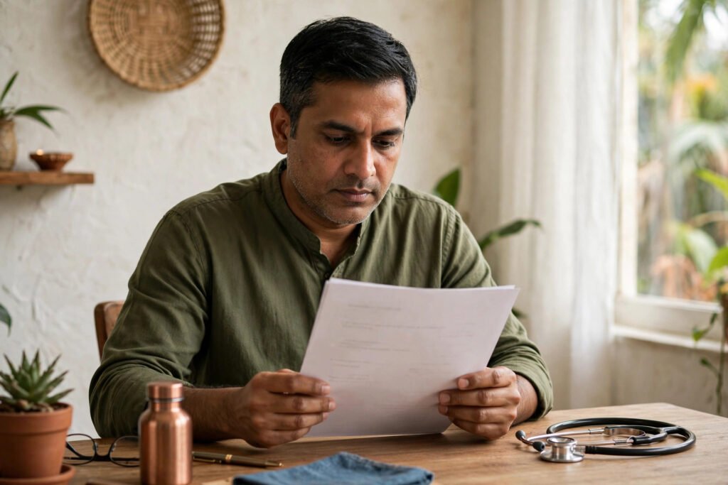 Critical illness insurance me lump sum benefit kaise milta hai — policy documents padhta vyakti