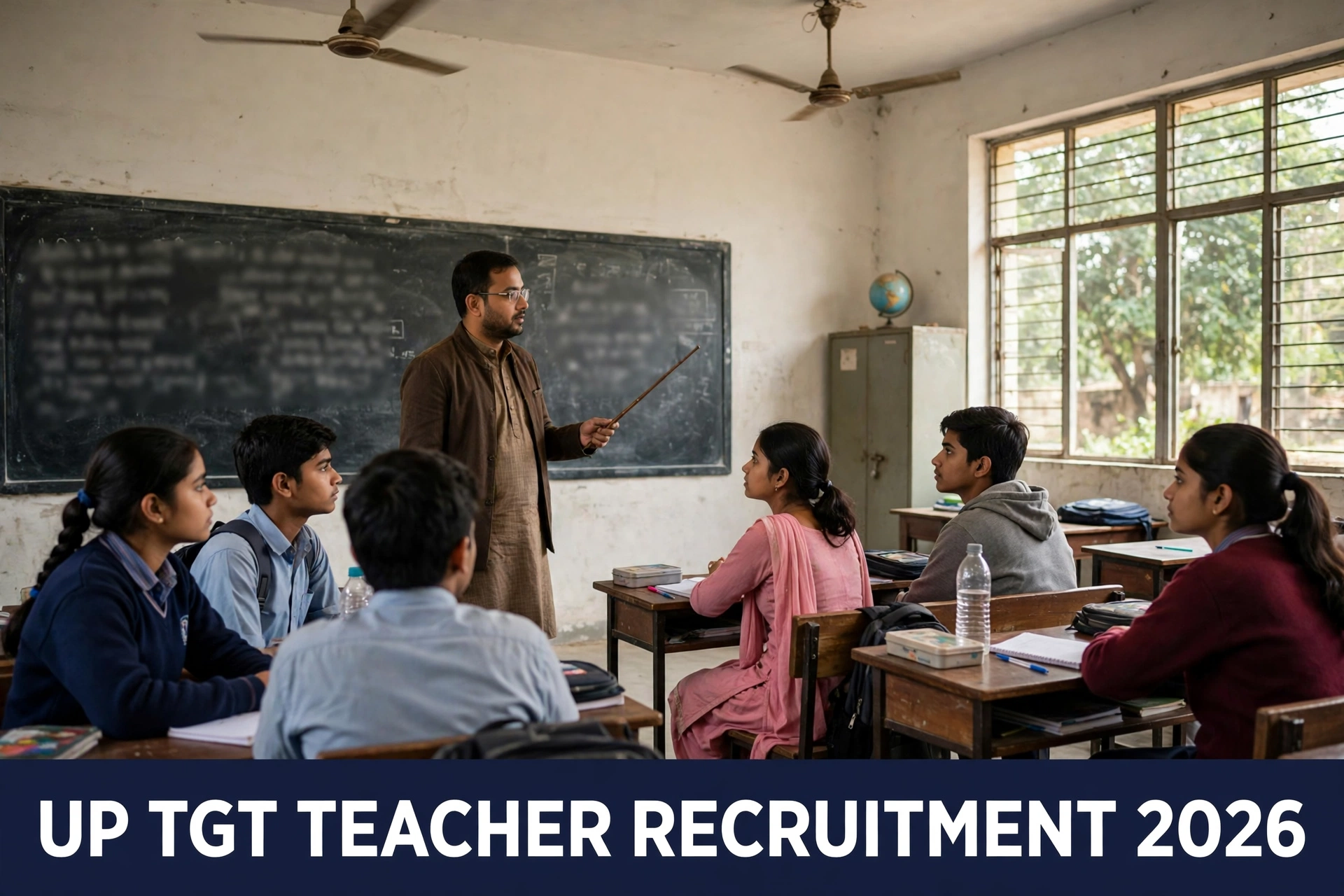 Teacher explaining lesson on blackboard in Indian classroom