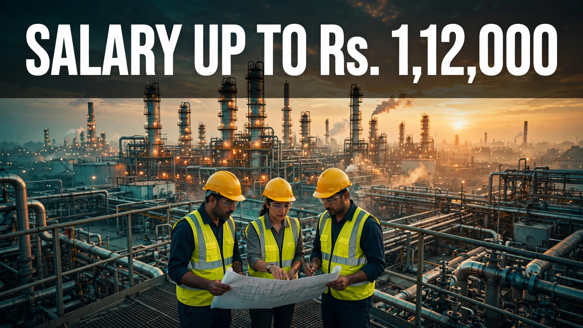 EIL Recruitment 2026 salary — up to Rs. 1,12,000 per month, engineers reviewing blueprint at refinery