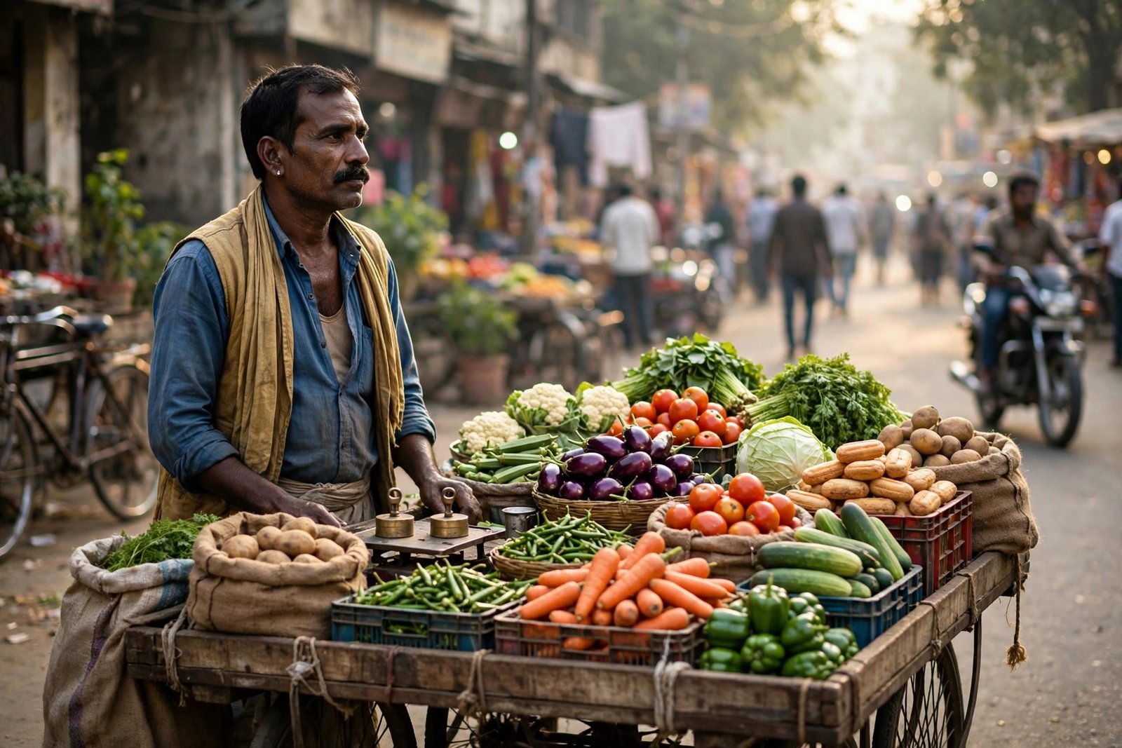 PM SVANidhi Yojana — street vendor apni sabzi rehdi par, yojana ke labharthi