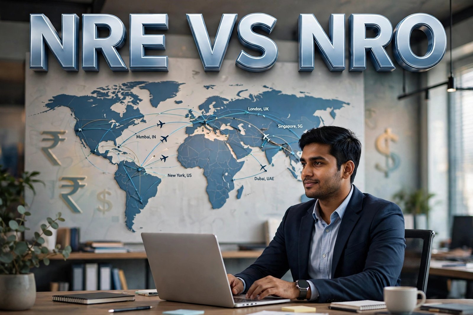 NRE vs NRO — NRI professional laptop ke saath world map ke saamne