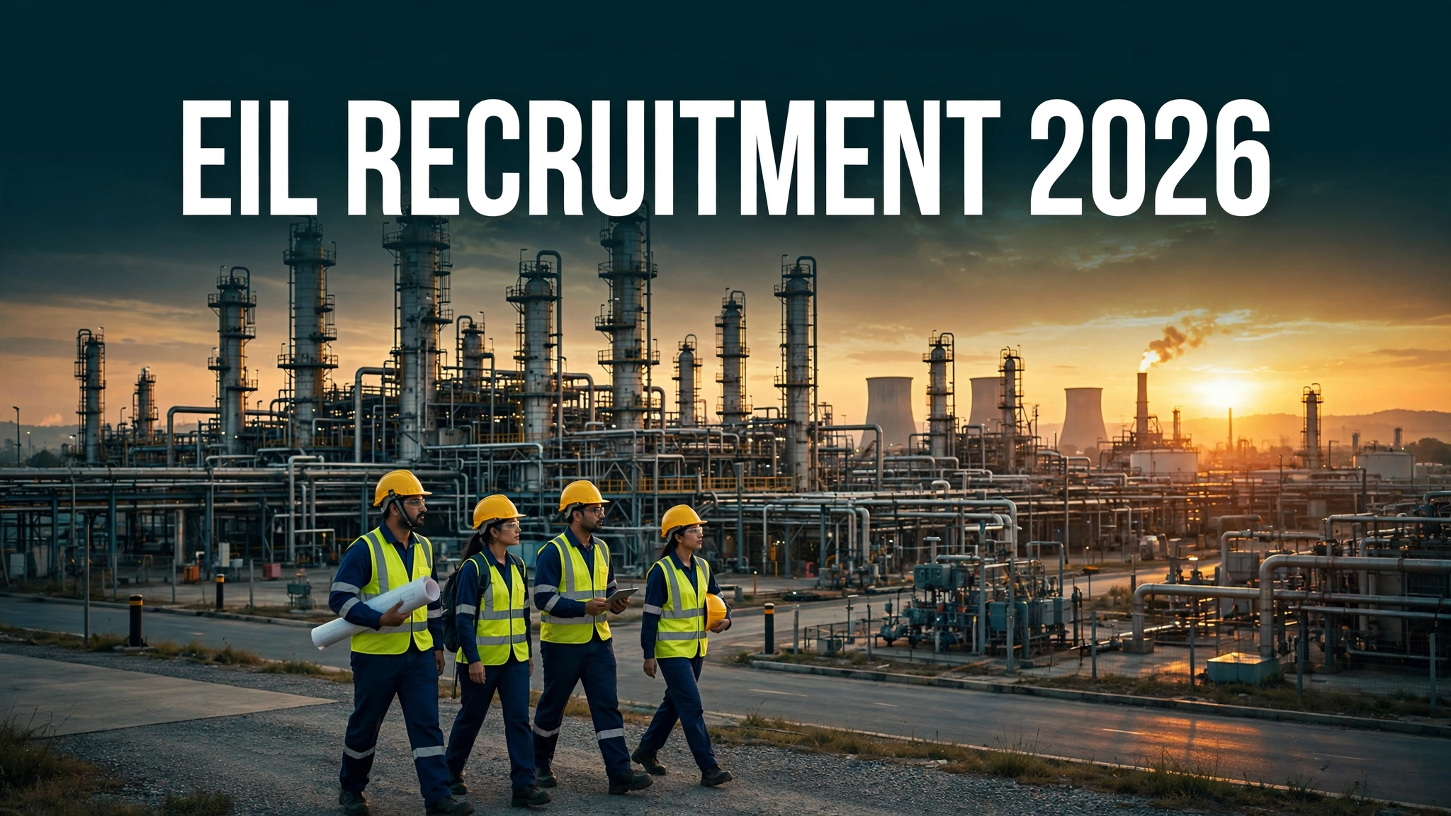 EIL Recruitment 2026 — 109 Associate Engineer posts, Indian engineers at oil refinery at golden hour