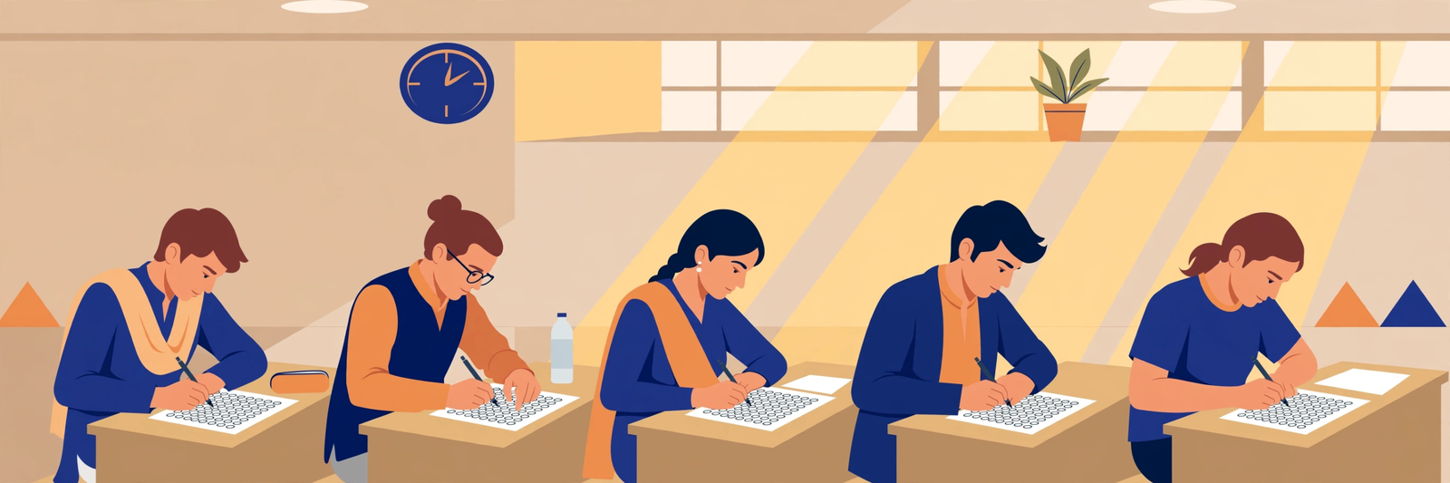 CTET Exam Date 2026 — exam hall me OMR sheet bharte candidates ka illustration