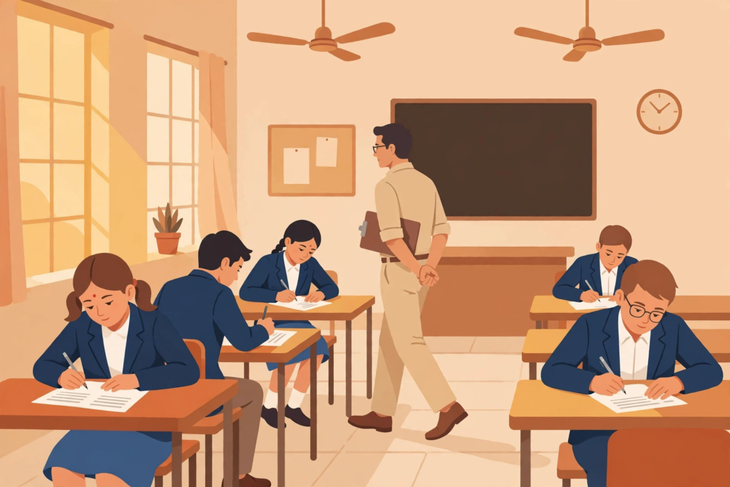 WB Madhyamik exam date 2027: West Bengal Madhyamik exam hall students writing papers illustration