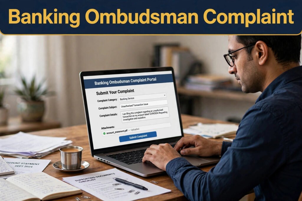 Banking ombudsman CMS process — laptop par cms.rbi.org.in complaint form bharte hue