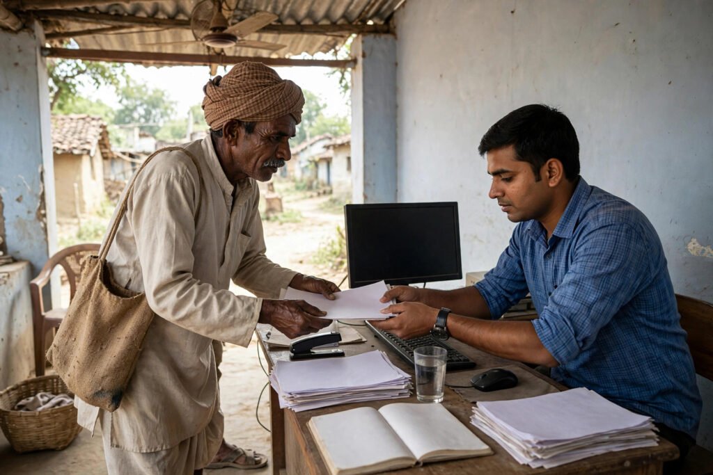 PMFBY ke liye CSC kendra par apply karta kisan — documents ke saath registration