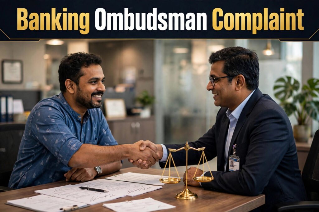 Banking ombudsman compensation — 30 lakh tak cover ka symbol, scales of justice