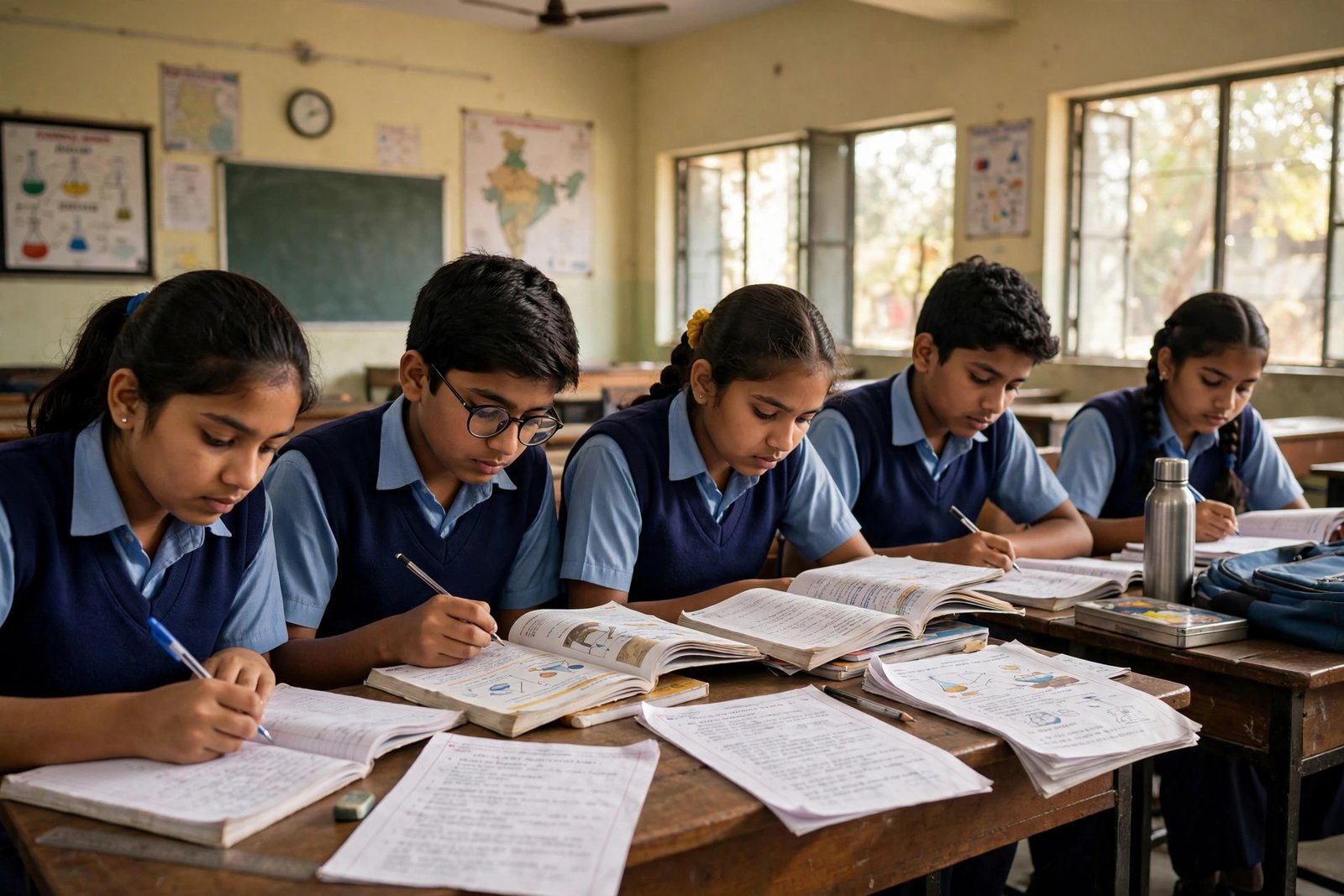 Pariksha hall mein likhte hue students