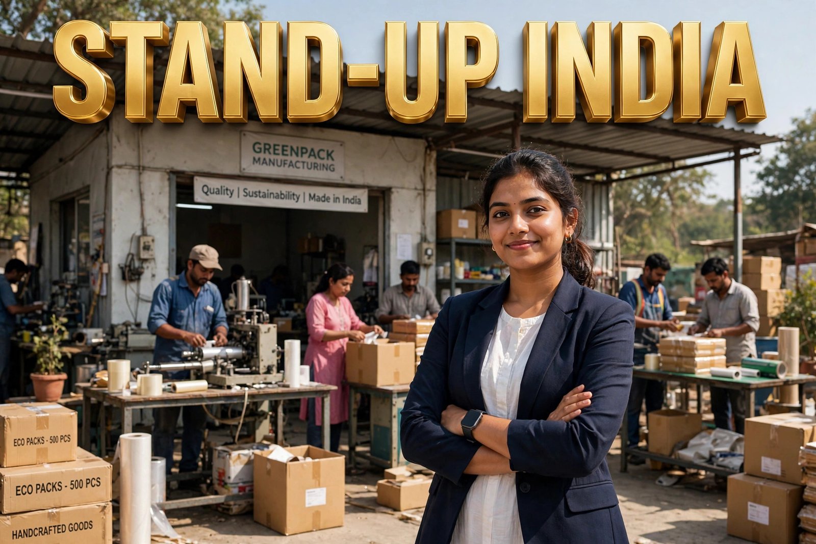 Stand-Up India Yojana — apni manufacturing unit ke saamne khadi mahila entrepreneur