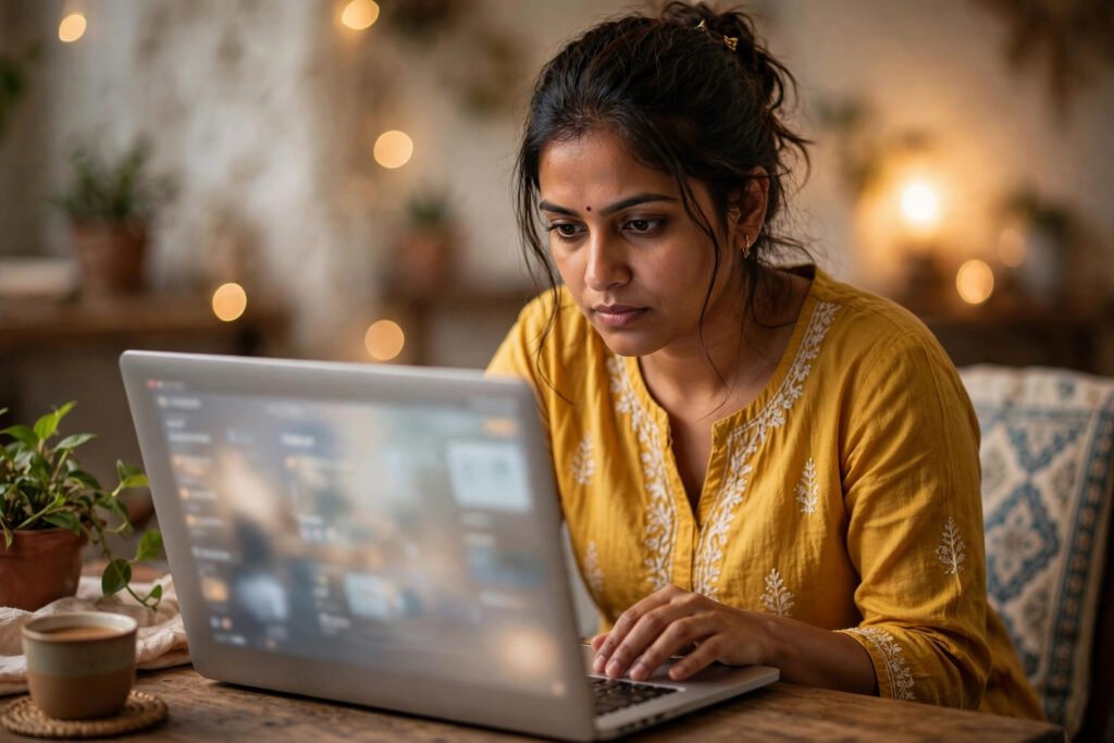FD par loan ke liye netbanking se overdraft apply karta vyakti — laptop par banking