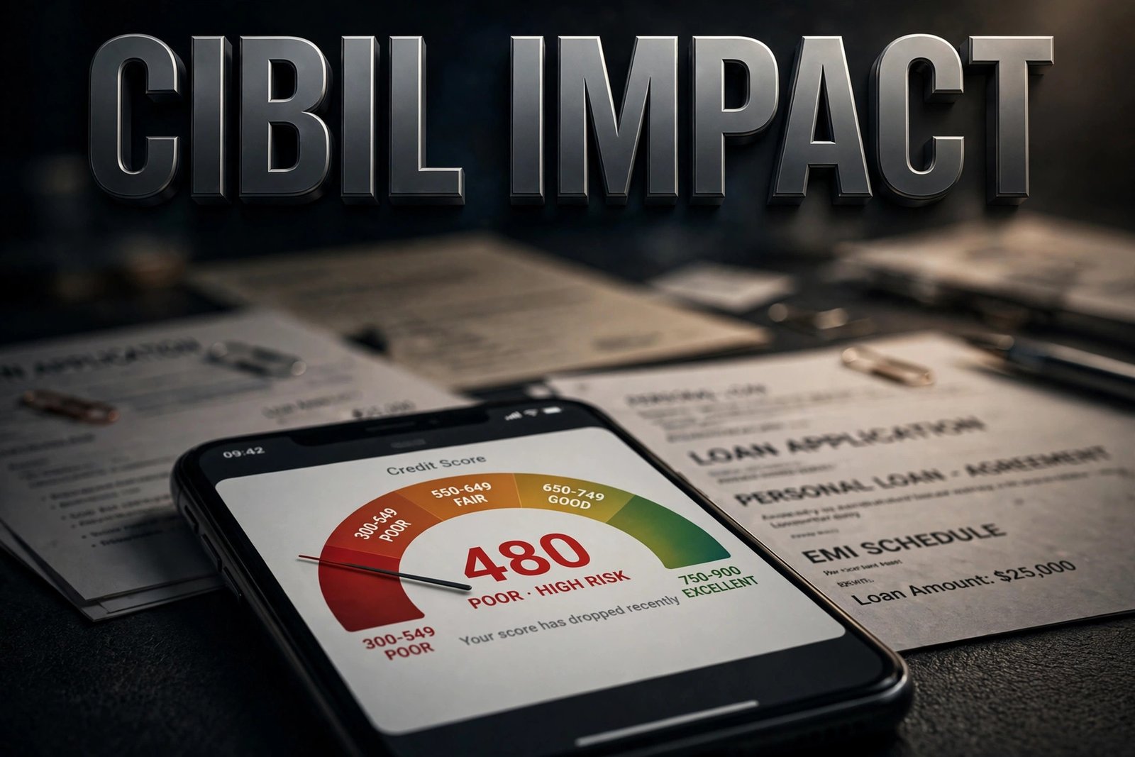 Loan guarantor CIBIL impact — smartphone par credit score gauge