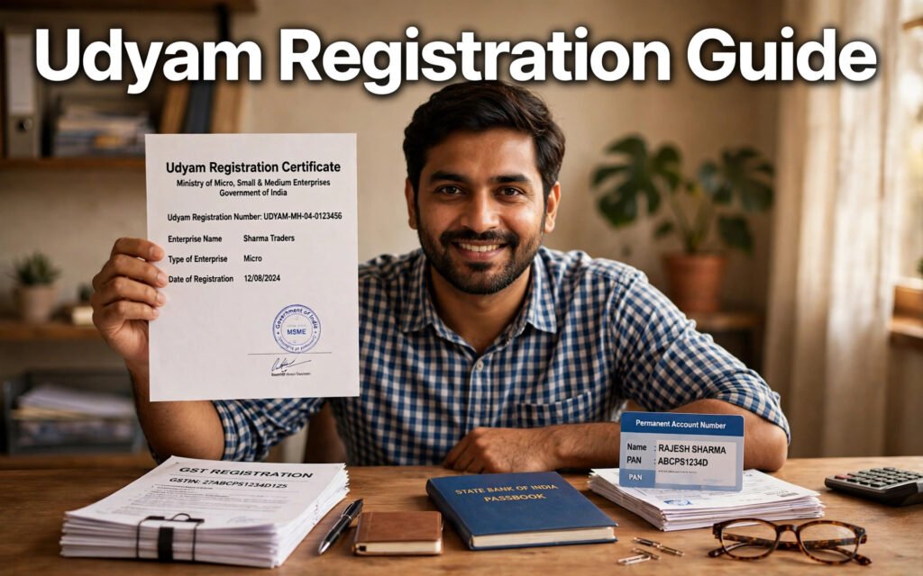 Small business owner preparing Udyam registration and bank documents for business loan