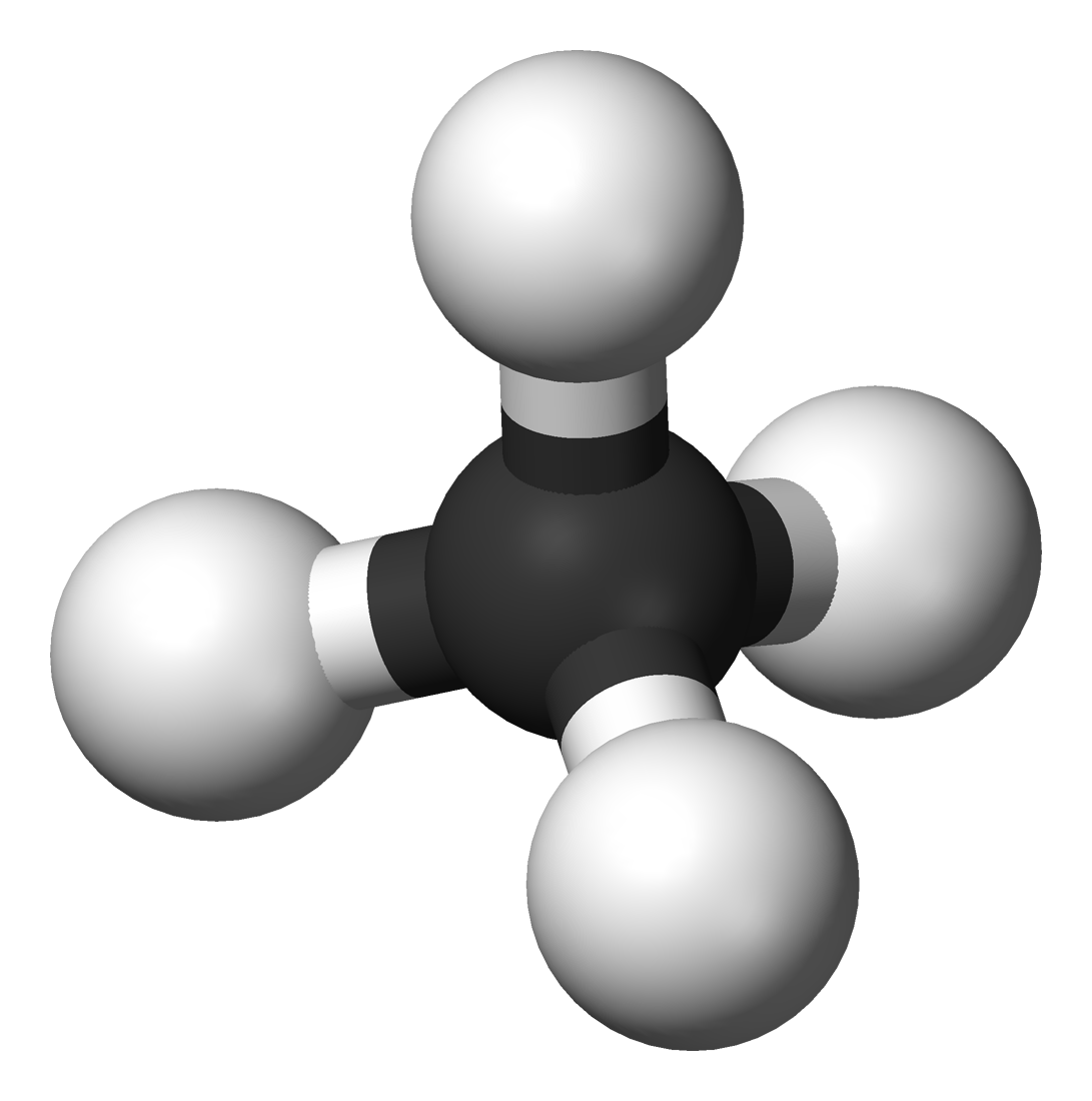 Methane molecule ka 3D ball-and-stick model — 4 covalent bonds