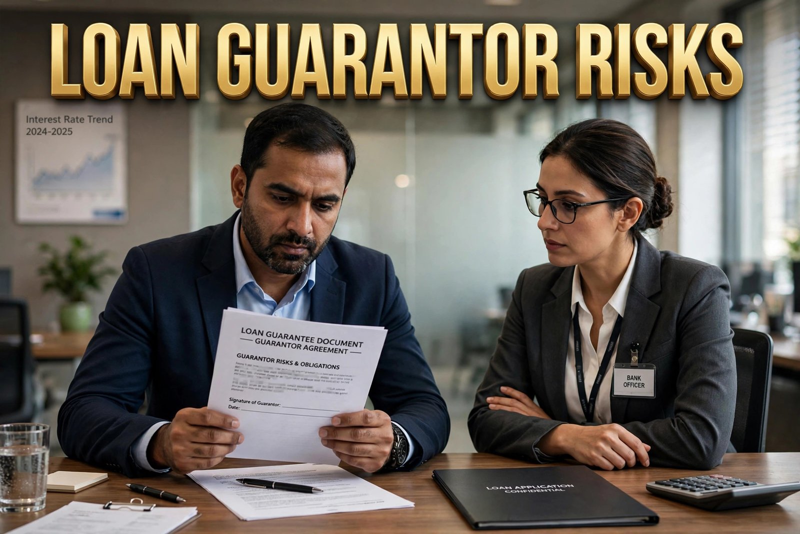 Loan guarantor risks — guarantee document padhte hue vyakti, bank officer ke saamne