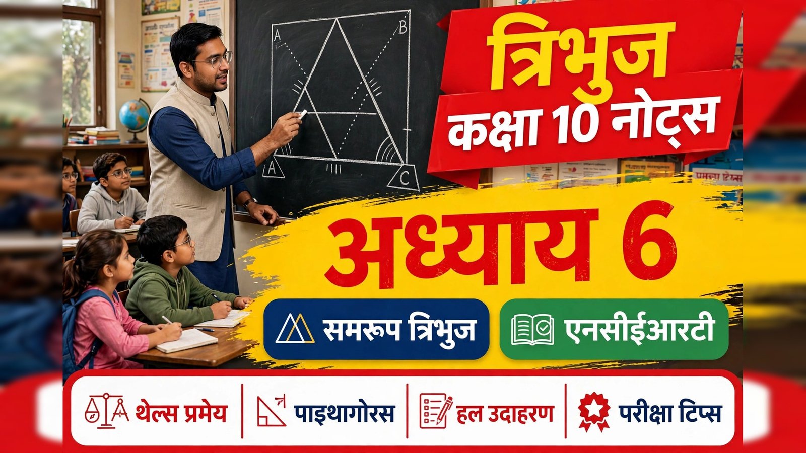 Tribhuj Class 10 notes - teacher drawing triangle diagram on board with students